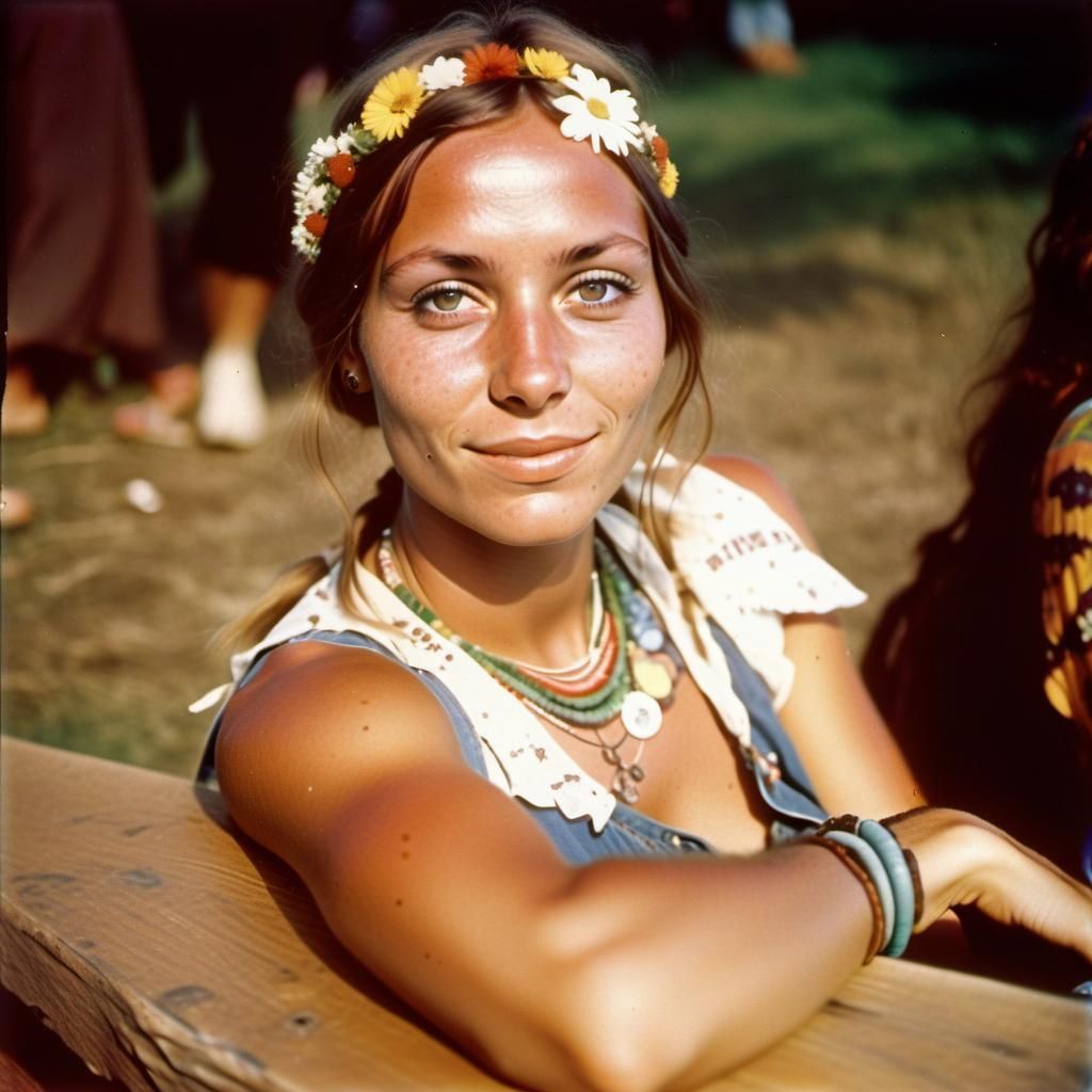 Young Woman in Hippie Style at Woodstock 1969