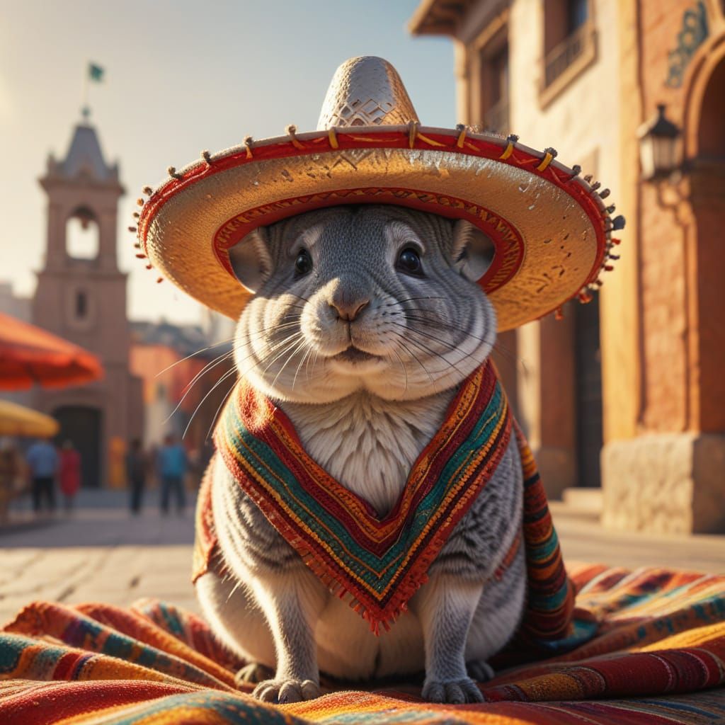 Chinchilla Fiesta: Sombrero and Blanket in Vibrant City