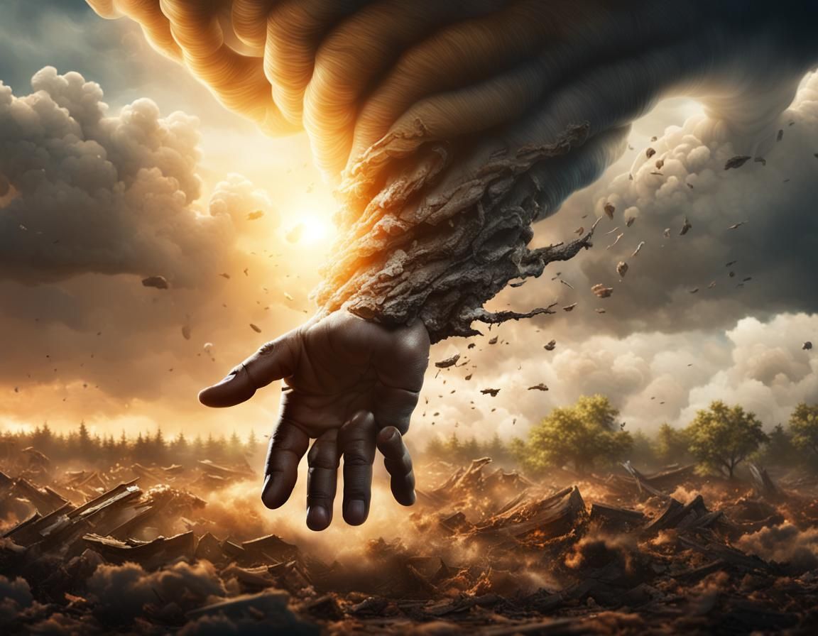 Tornado Balances on Finger in Hyperrealistic Concept Art