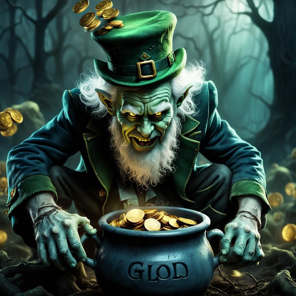 Evil Leprechaun with Pot of Gold in Dark Forest