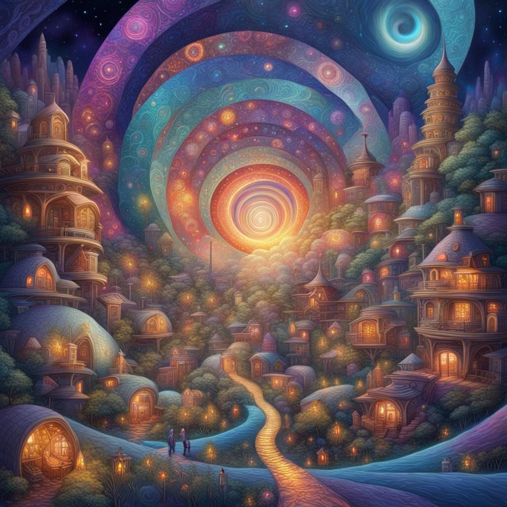 Holographic Cosmic Village in Mixed Media Illustration