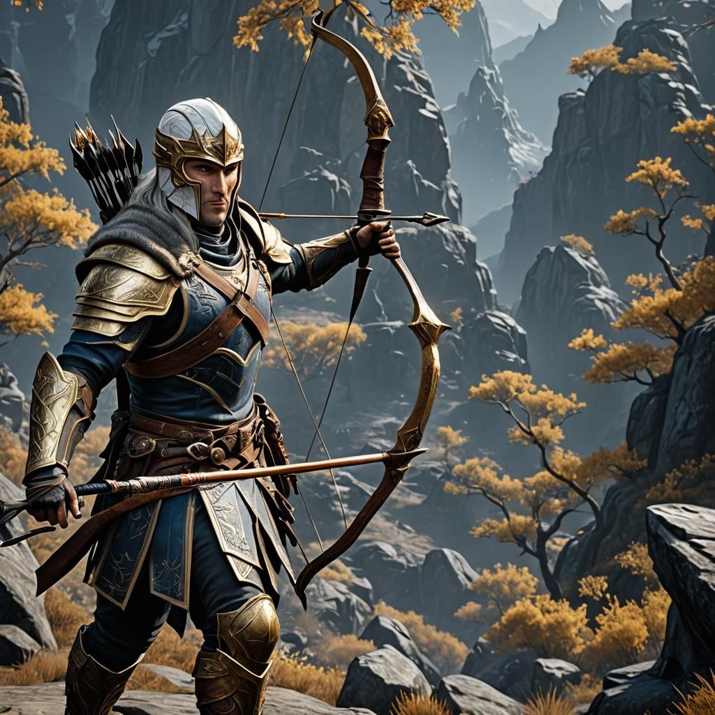 Armored Archer with Golden Mask in Cinematic Style