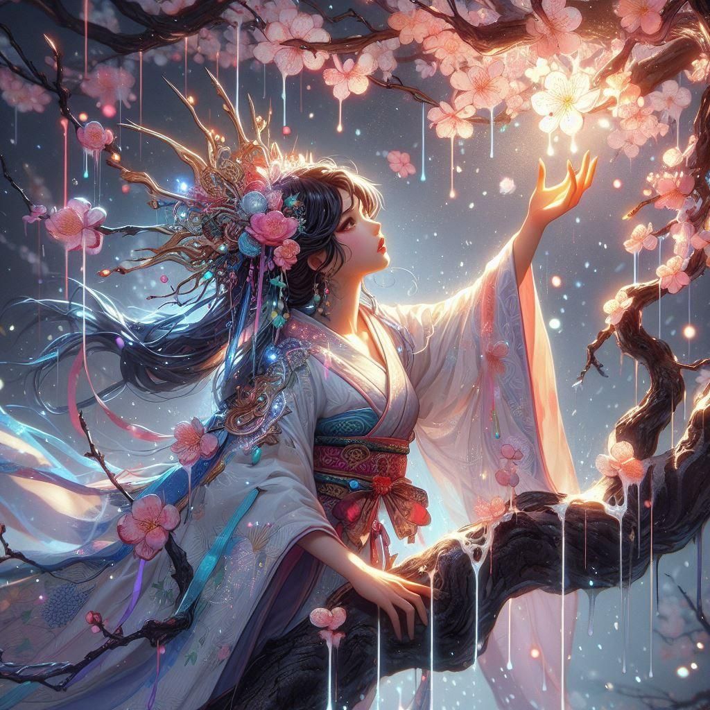 Japanese Goddess Climbing Blossom Tree Fantasy Art