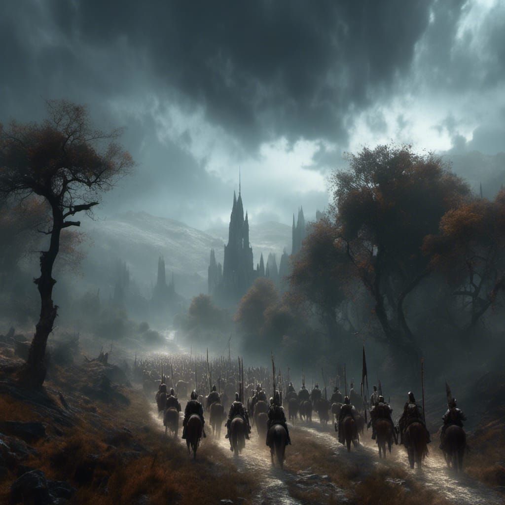 Medieval Army Marches at Dawn in Landscape
