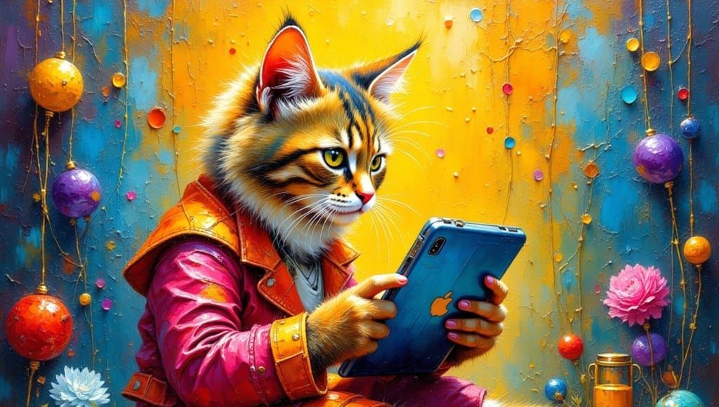 Gen Alpha Cat Plays with Tablet as Impasto Painting