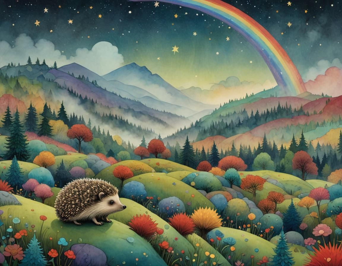 Hedgehog's Dream in Rainbow Forest: Pastel Illustration