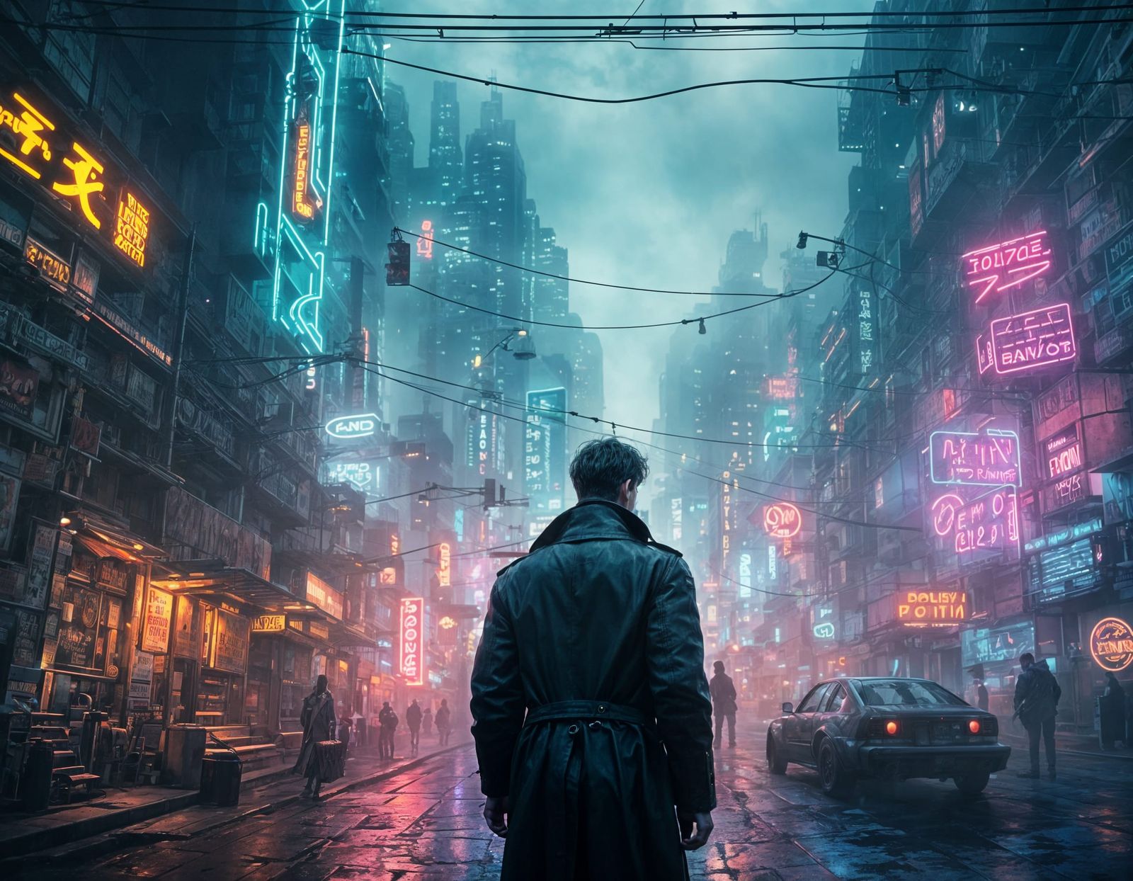 Cyberpunk Male Model Walks Through Foggy Neon Streets