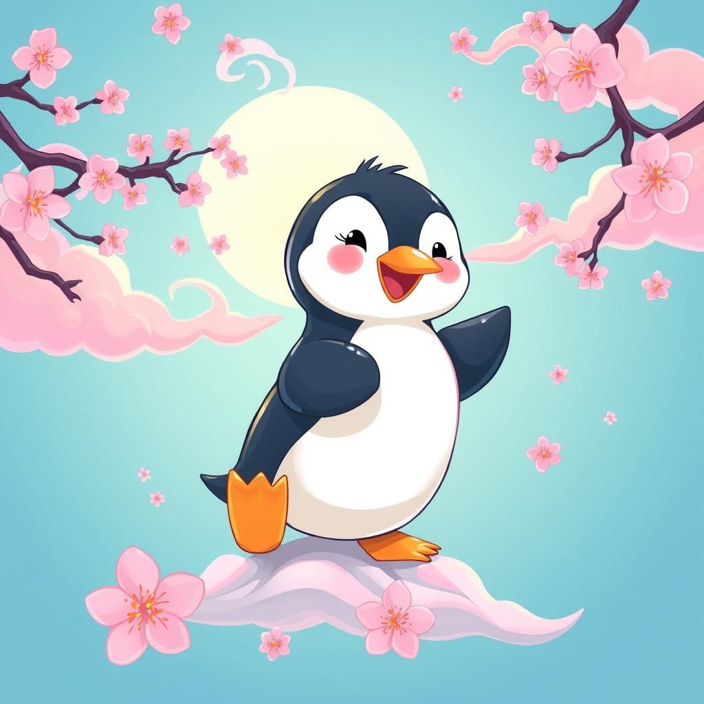 Adorable Penguin in Anime Style with Cherry Blossoms