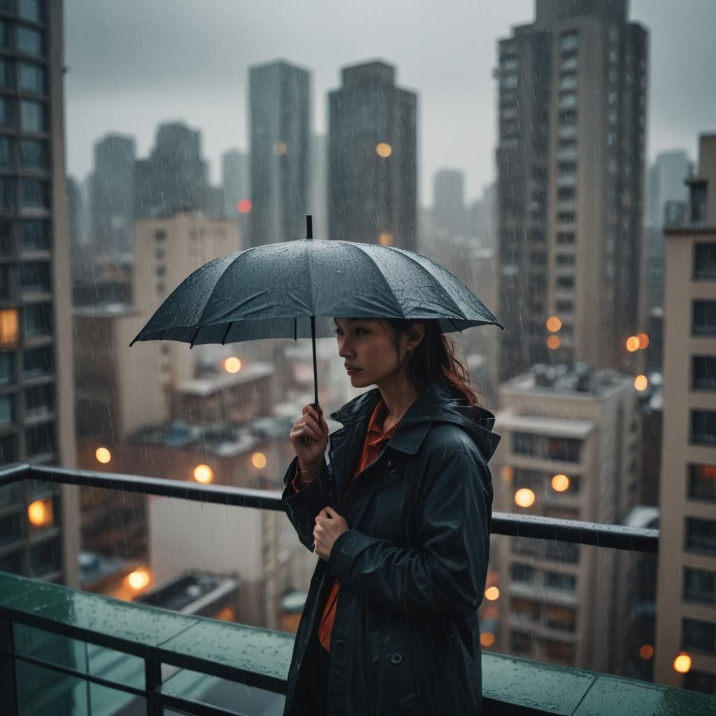 Person with Umbrella on Rainy Balcony