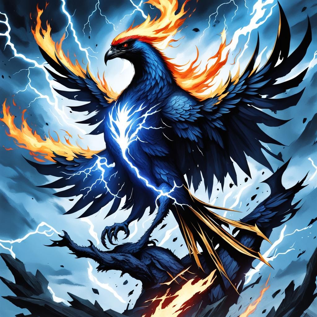Dark Phoenix Engulfed in Lightning and Blue Flames
