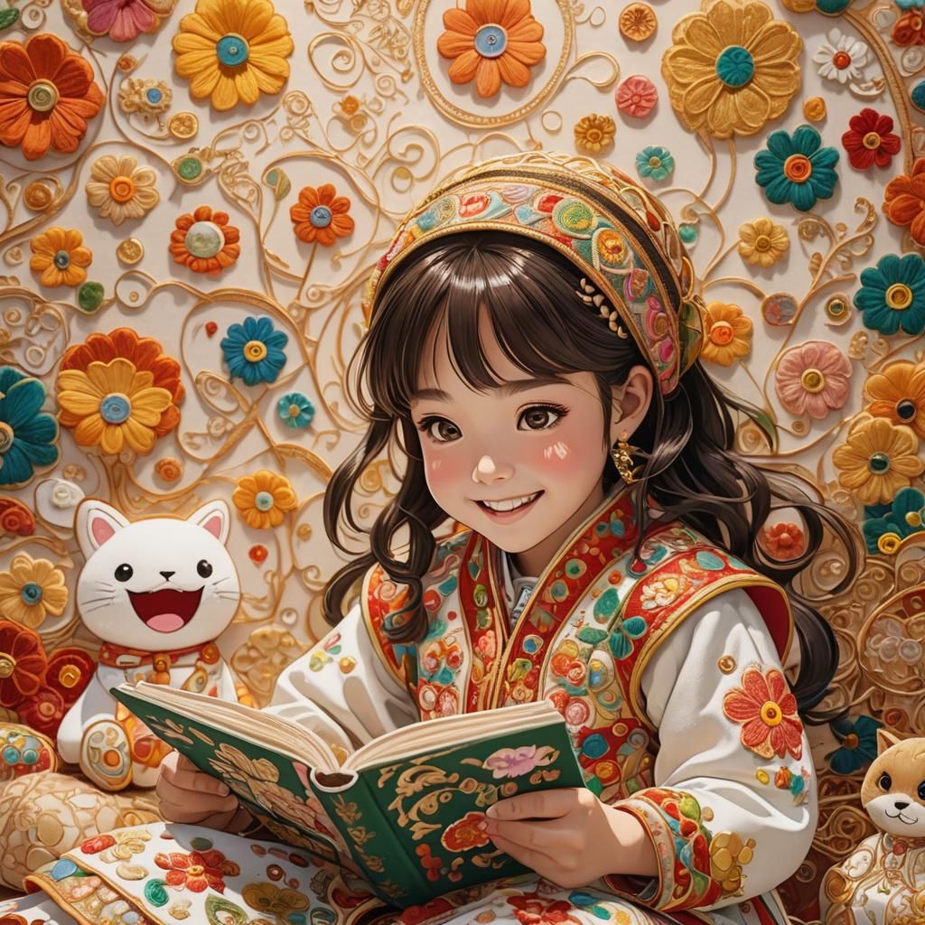 Anime Girl Reading in Algerian Dress, Murakami Style