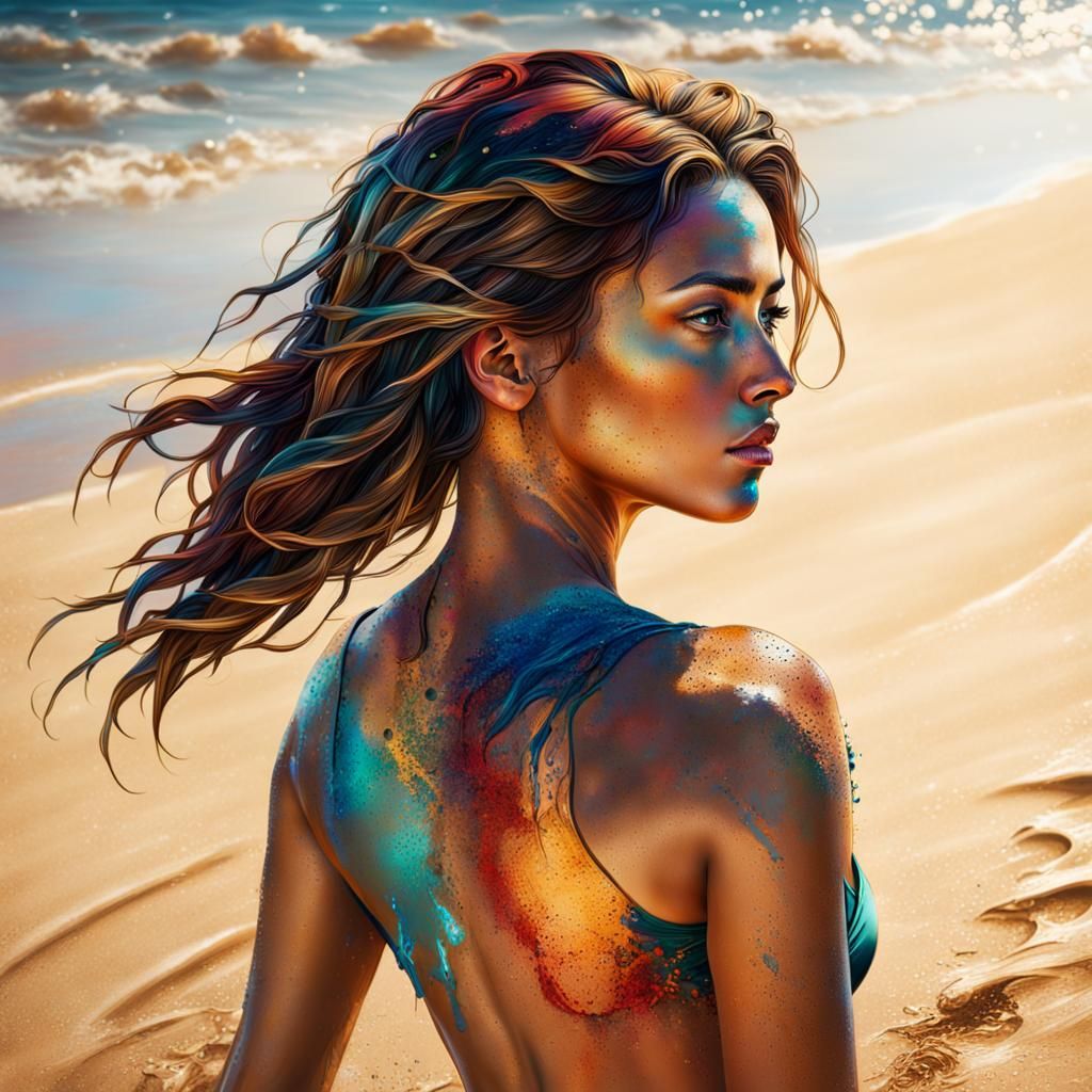Young Woman Back on Beach in Splash Art Style