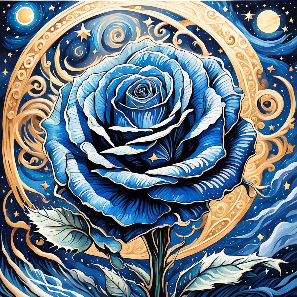 Ethereal Blue Rose Under Starry Night Watercolor
