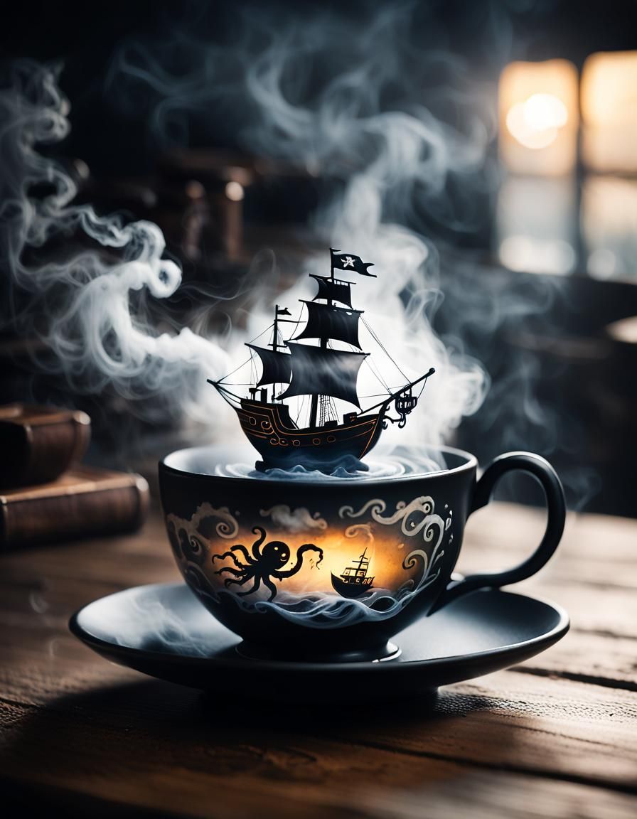 Pirate Ship Under Attack in Tea Cup Still Life
