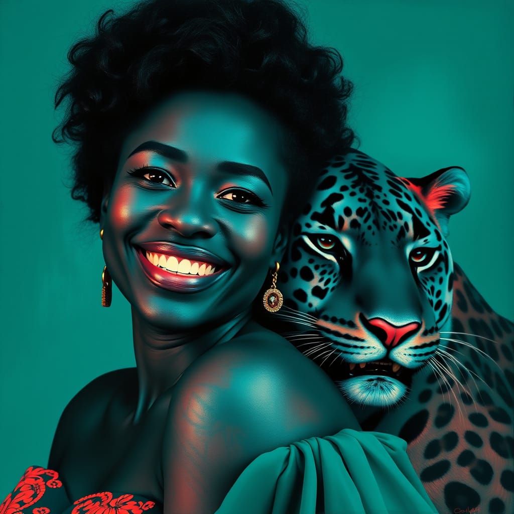 Surreal Woman in Vibrant Teal and Coral, Leaning Against a M...