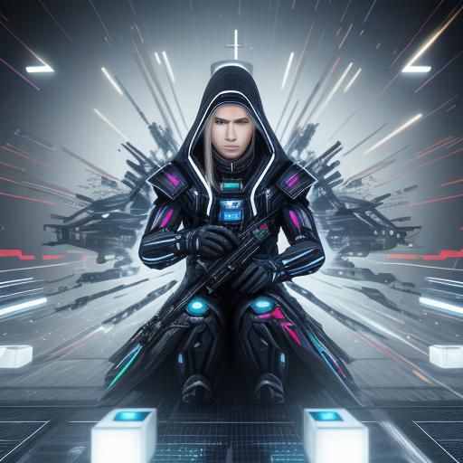 Futuristic Corporate Leader in Cyberpunk Style Office