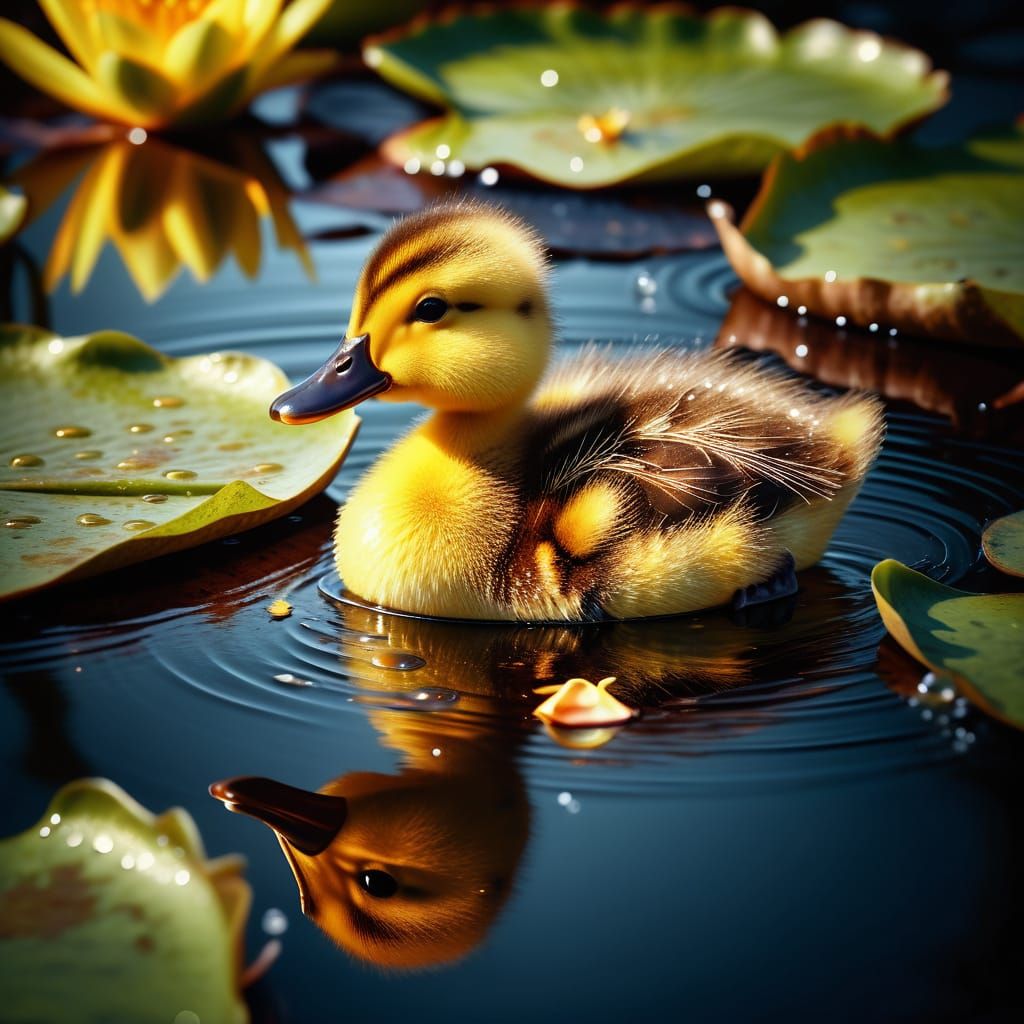 Hyperrealistic Duckling on Lily Pad in Golden Light