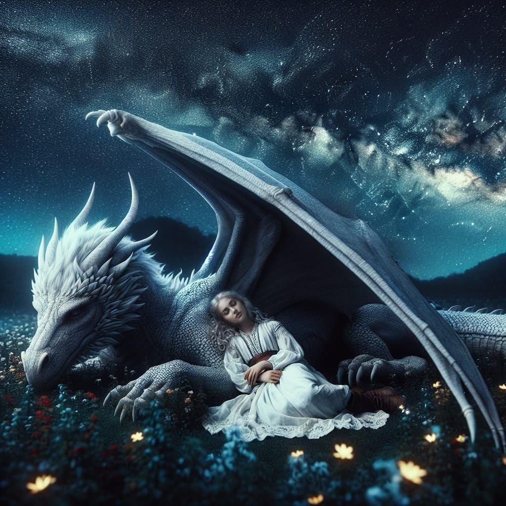 Girl and Dragon Sleeping Under the Stars