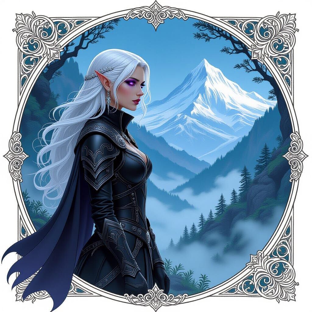 Drow Wanderer in Misty Forest: Art Nouveau Fantasy