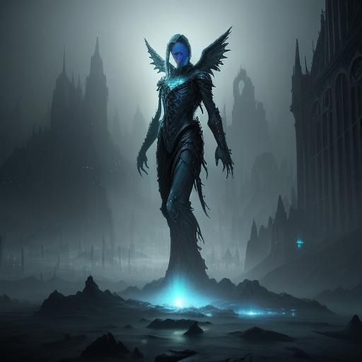 Glowing Angel in Dark Sci-Fi Cityscape