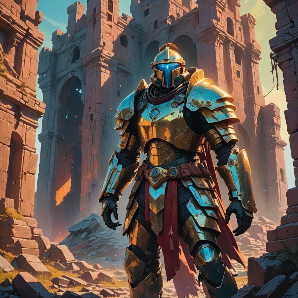 Armored Warrior in Glowing Ruins: Fantasy Concept Art