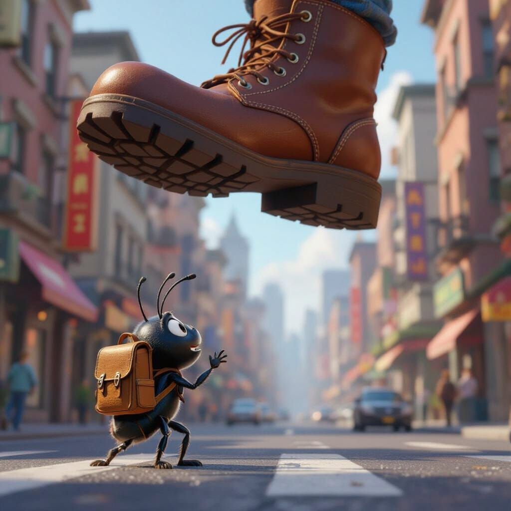Ant Shouts at Giant Boot in Bustling City, Pixar Style