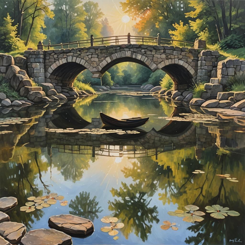Old Stone Bridge Reflection in Oil Painting