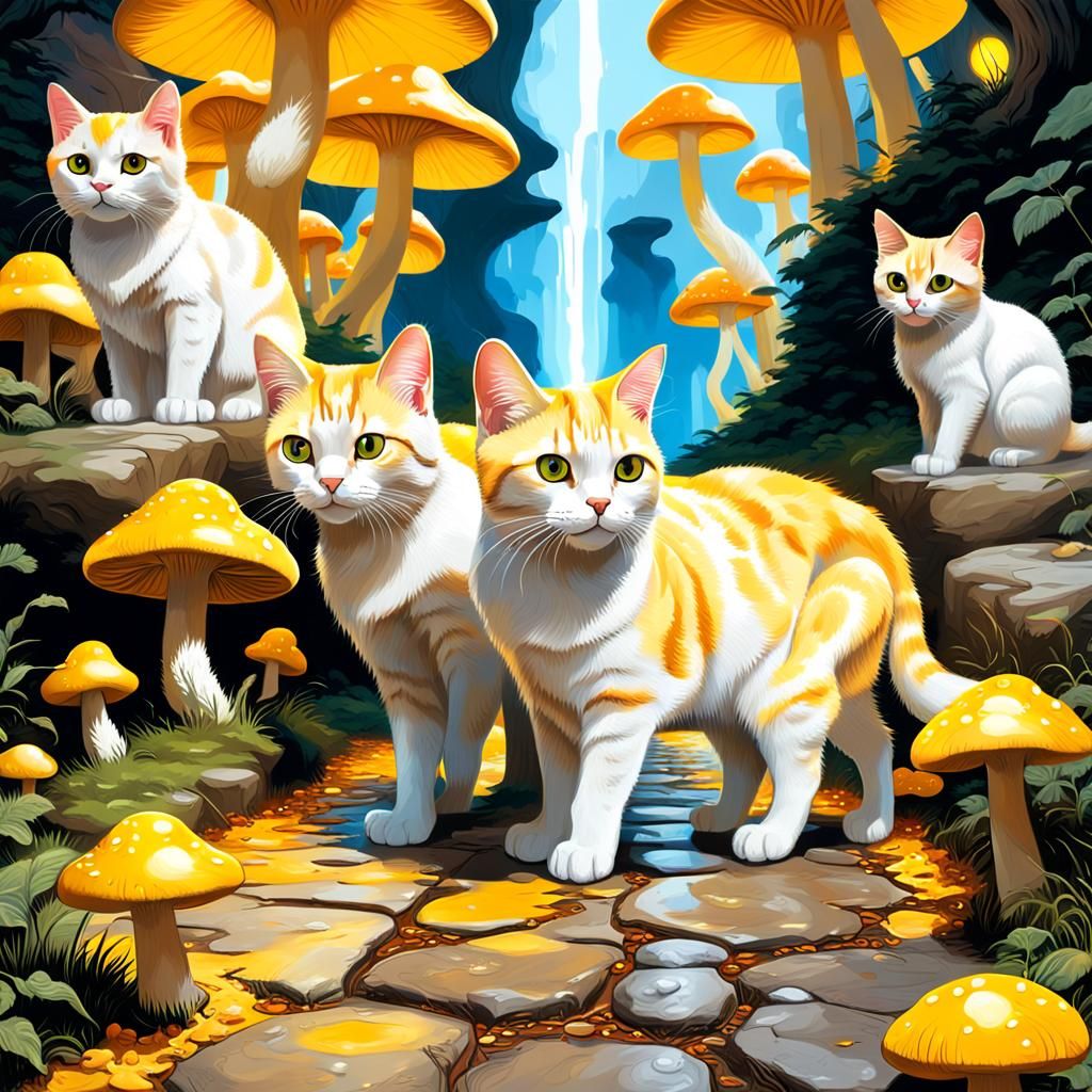 Cats on a Glowing Mushroom Path: Hyperrealistic Art