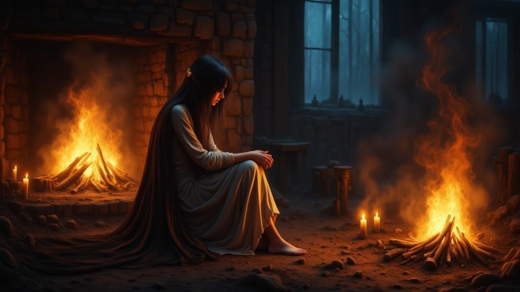 Introspective Figure Lost in Thought Beside a Warm Fire