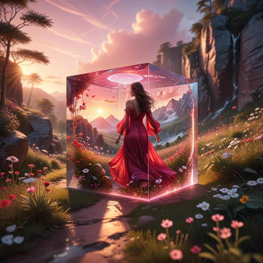 Ethereal Sunset Scene with Transparent Glass Cube and Hippie...