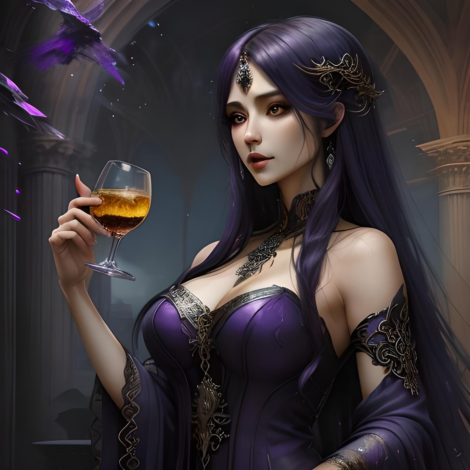 Amethyst Beauty in Opulent Hall, Inky Portrait