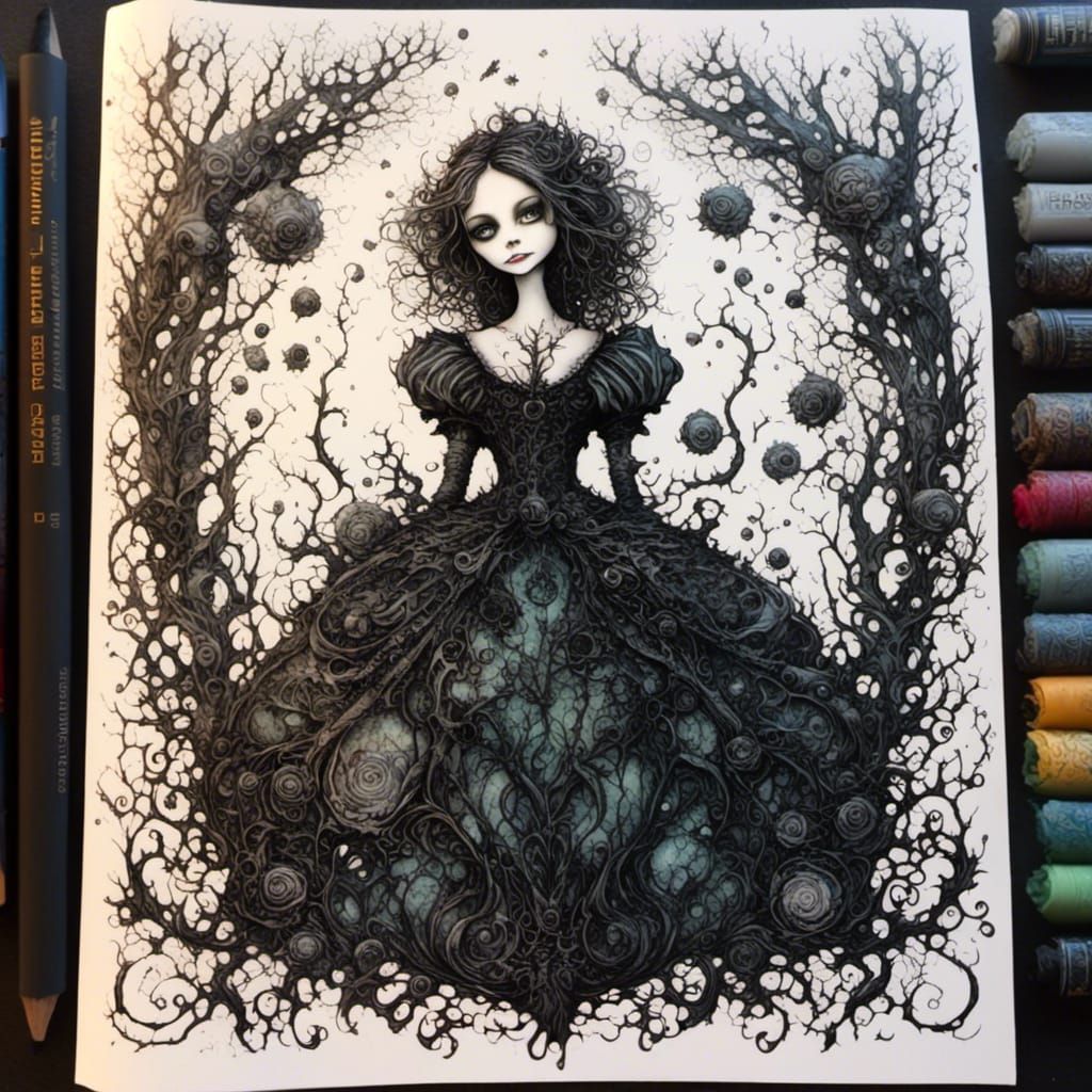 Gothic Storybook Scene with Floral Dark Details