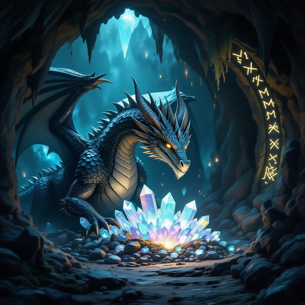 Dragon Guarding Crystal Hoard in Bioluminescent Cave
