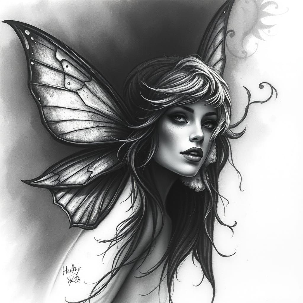 Surreal Shadow Fairy in Hyperdetailed Charcoal Drawing