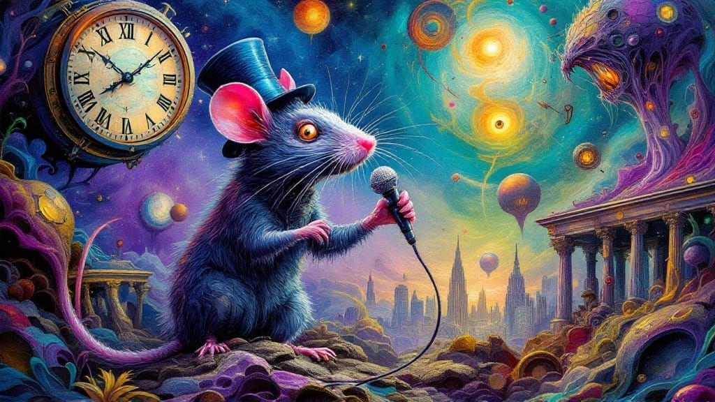 Rat in Top Hat Raps Amid Surreal Cityscape