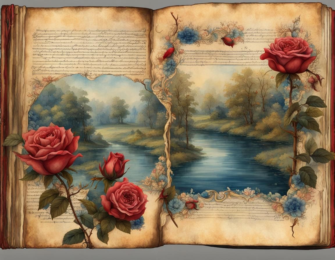 Illuminated Journal Page with Roses and River