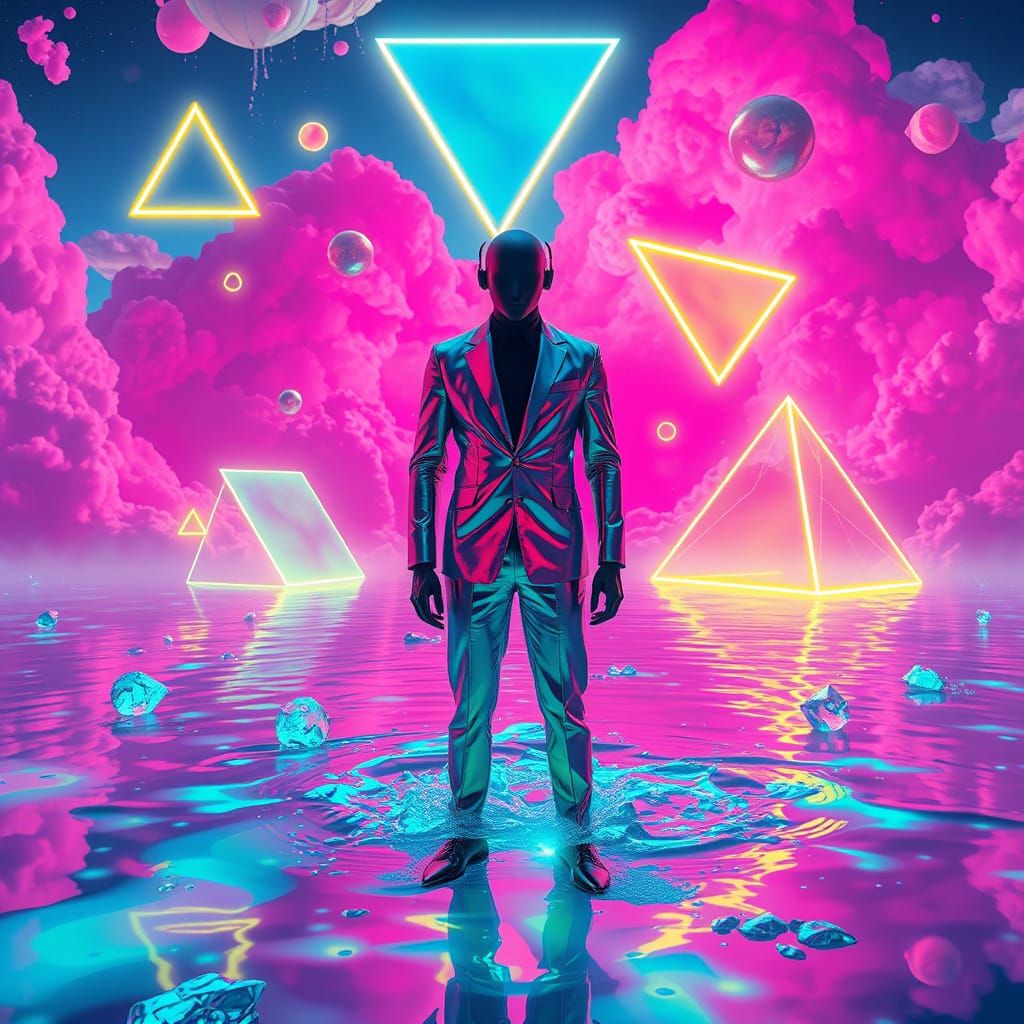 Dreamcore Neon Explosion with Reflective Figure