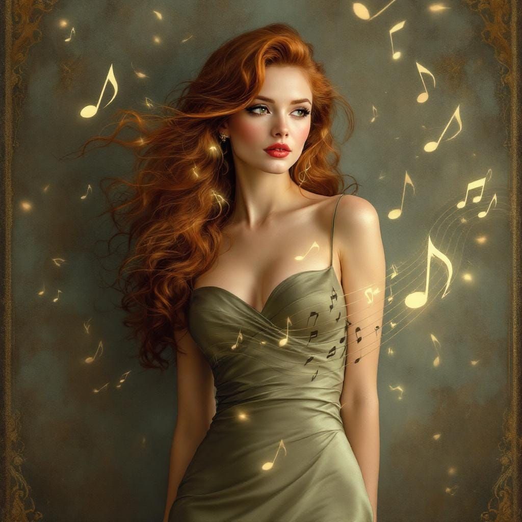 Redhead Pin-Up with Musical Overlay in Art Nouveau Style