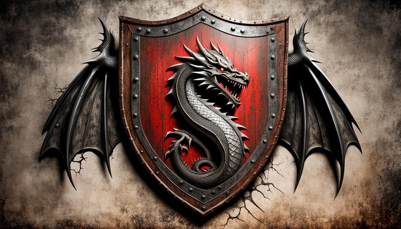 Medieval Knight's Dragon Shield: Gritty, Weathered Style