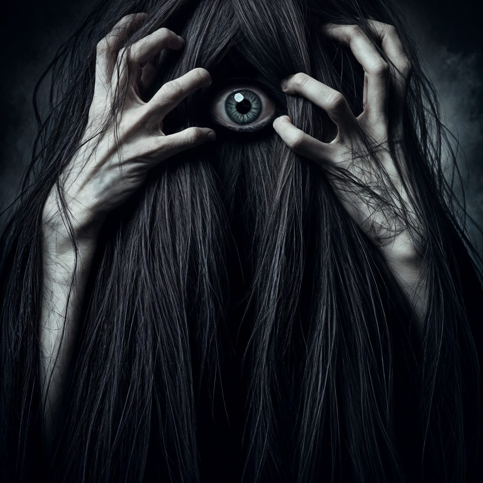 Surreal Figure Reveals Mysterious Eye in Dark, Unkempt Hair