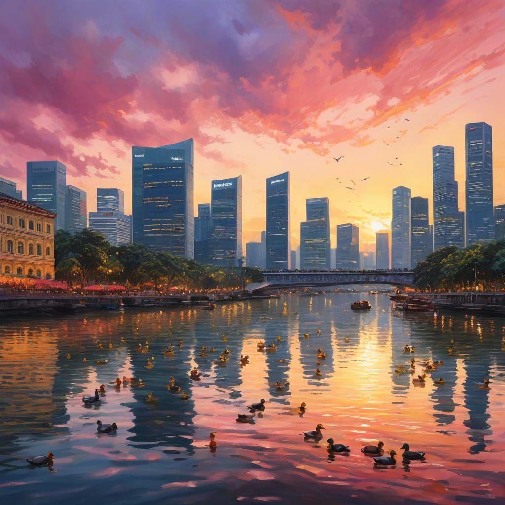 Watercolor Painting of Rubber Ducks on Singapore River