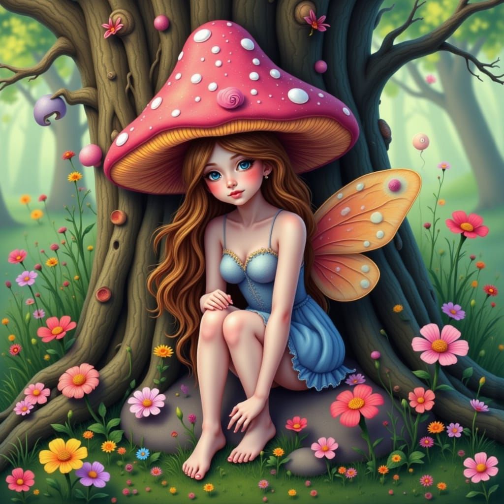 Cute Mushroom Fairy Against Tree in Pastel Colors