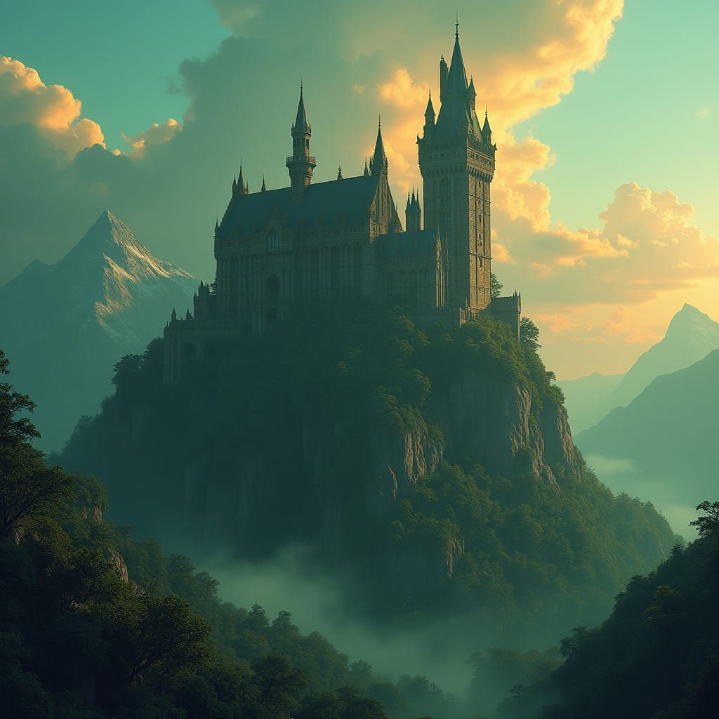 Gothic Castle Amidst Sunset Splendor on Rugged Mountain