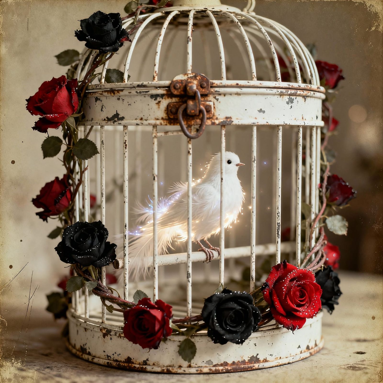 Antique Bird Cage with Magic Bird, Red and Black Roses