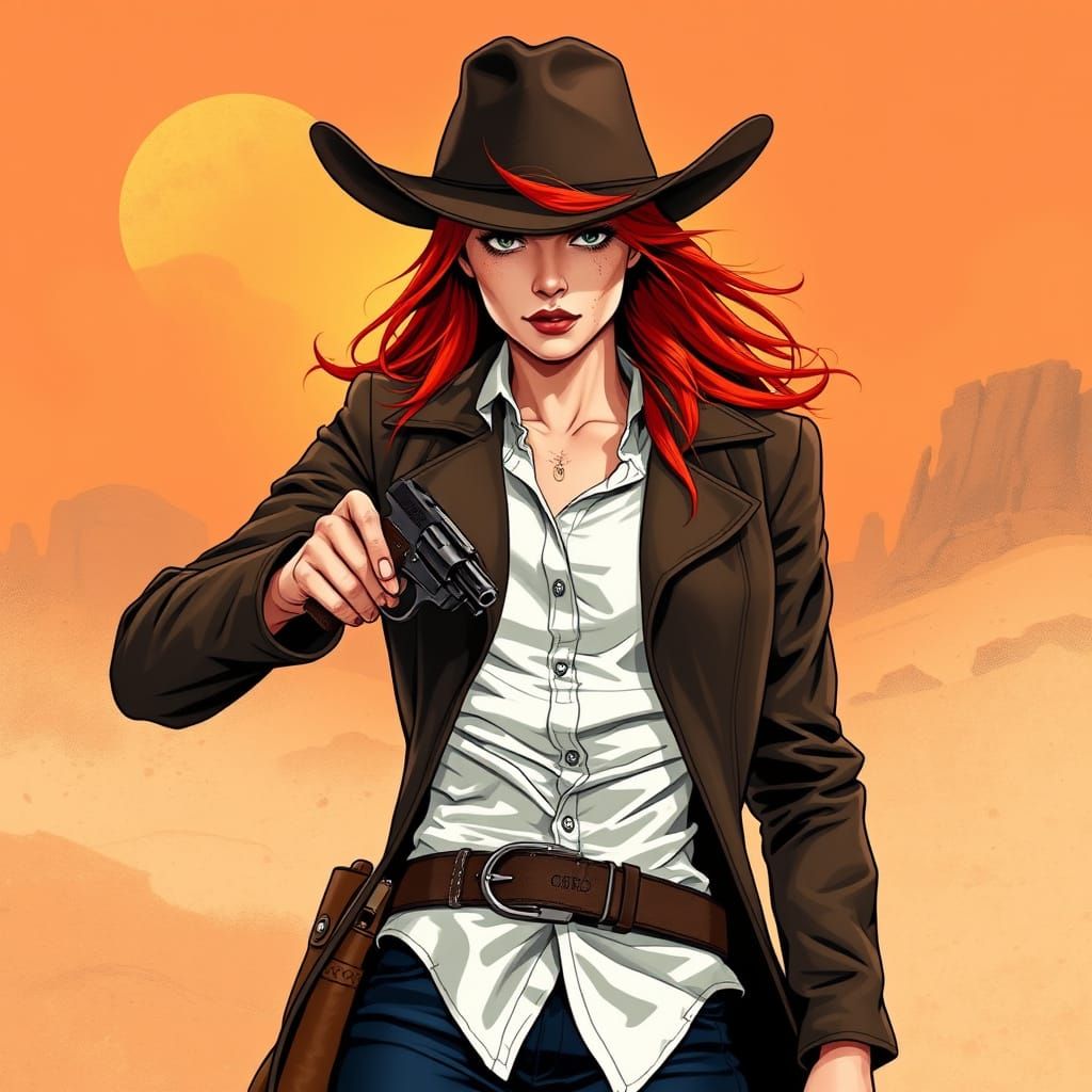 Fiery Redhead Cowgirl Prepares to Draw Her Gun in the Dusty ...