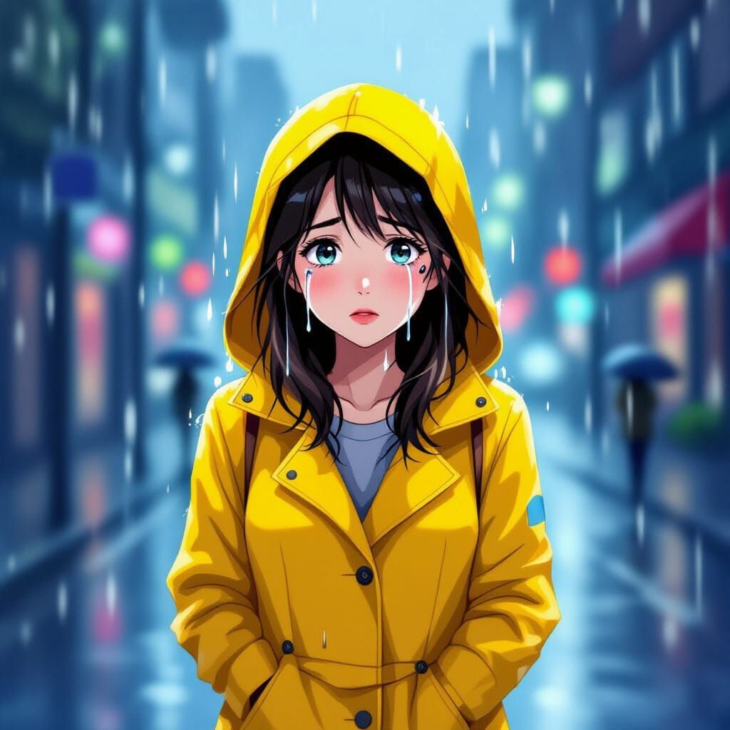 Crying Woman in Raincoat, Anime Style