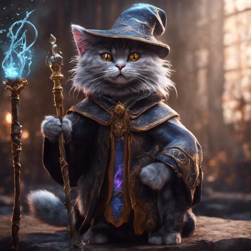 Black Wizard Cat with Magic Staff