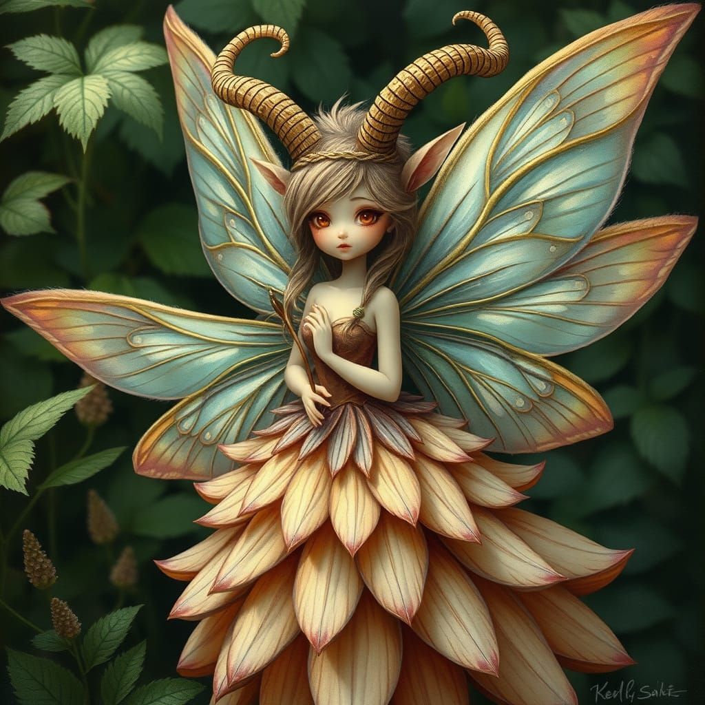 A fairy with furry wings and HUGE Argali horns.