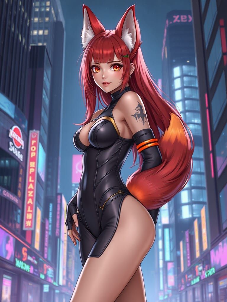 Fox Girl in Futuristic Cityscape: Digital Art