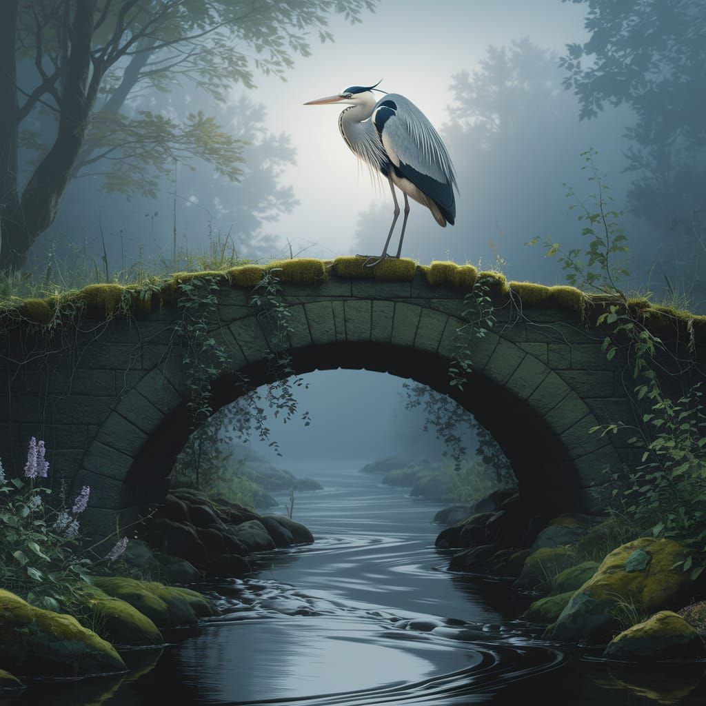 Hyperrealistic Heron on Ancient Bridge in Misty River Landsc...